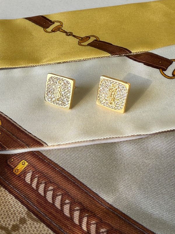 Elegant square stud earrings gold tone with tiny rhinestones