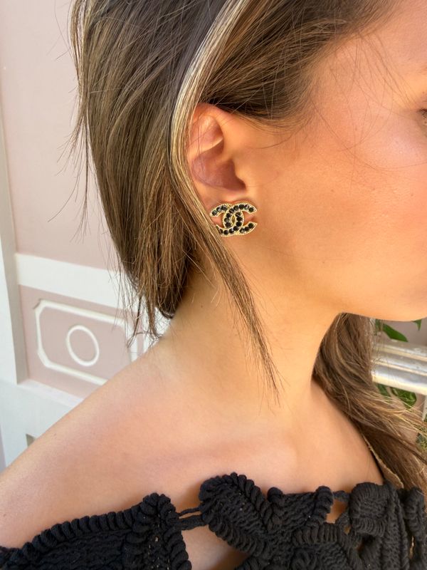 Vintage ~ Black rhinestones Logo  ~ reworked earrings