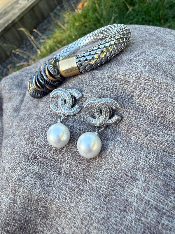 Silver Crystal Monogram Pearl Drop Earrings