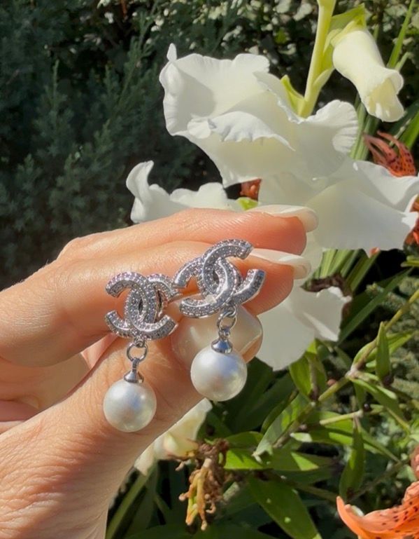 Silver Crystal Monogram Pearl Drop Earrings