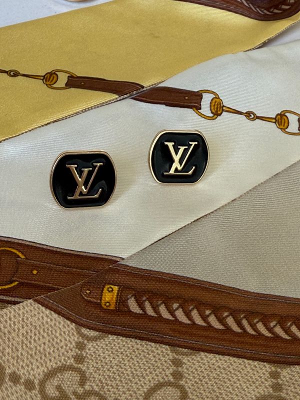 Vintage Black Square Monogram Stud Earrings with Gold Tone
