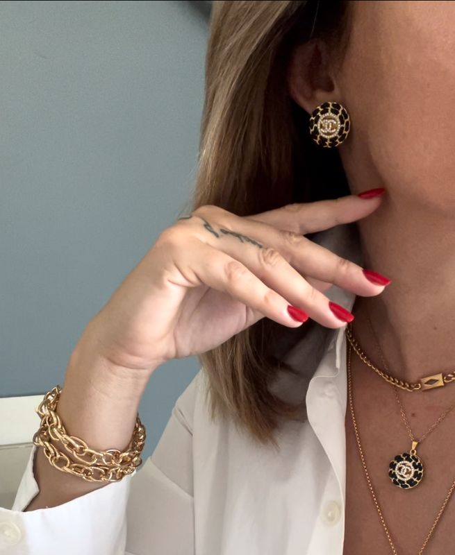 Delicate leather gold chain stud earrings