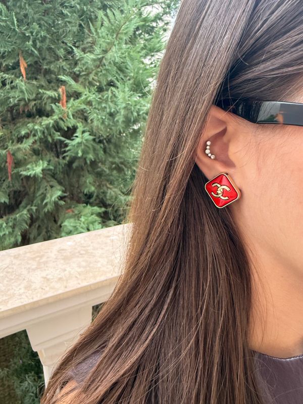 Red Icon Square Stud Earrings