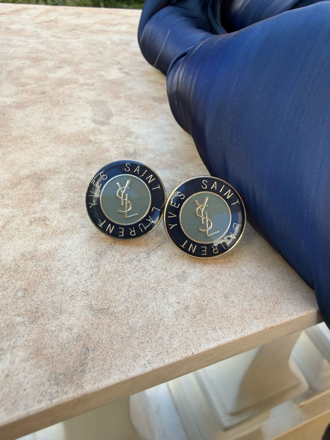 Two-Tone Blue Enamel Button Earrings with Gold Detail