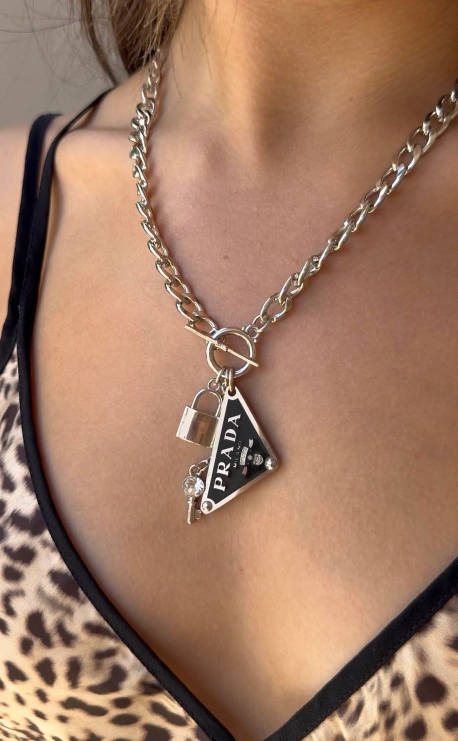 Silver Tone Lock Statement Necklace
