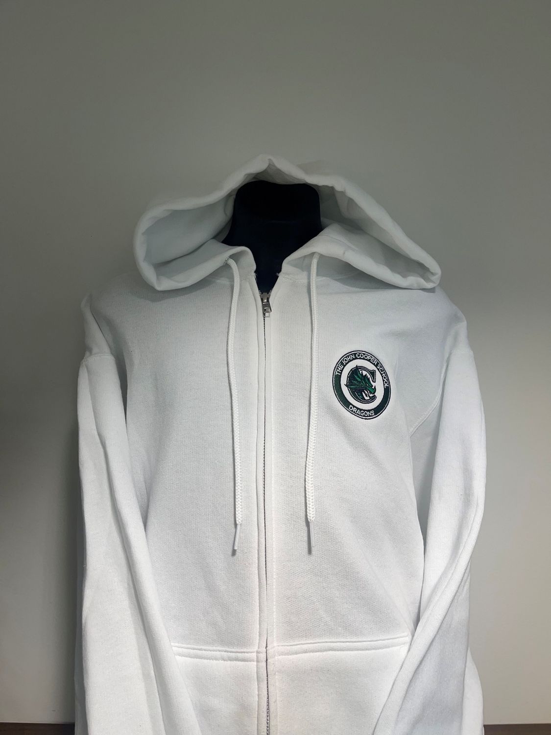 White Zip Front Emblem Hoodie-Adult