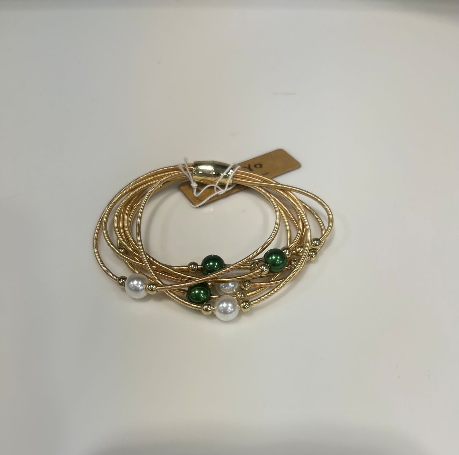 Green &amp; White Pearl Guitar String Gold Bracelet