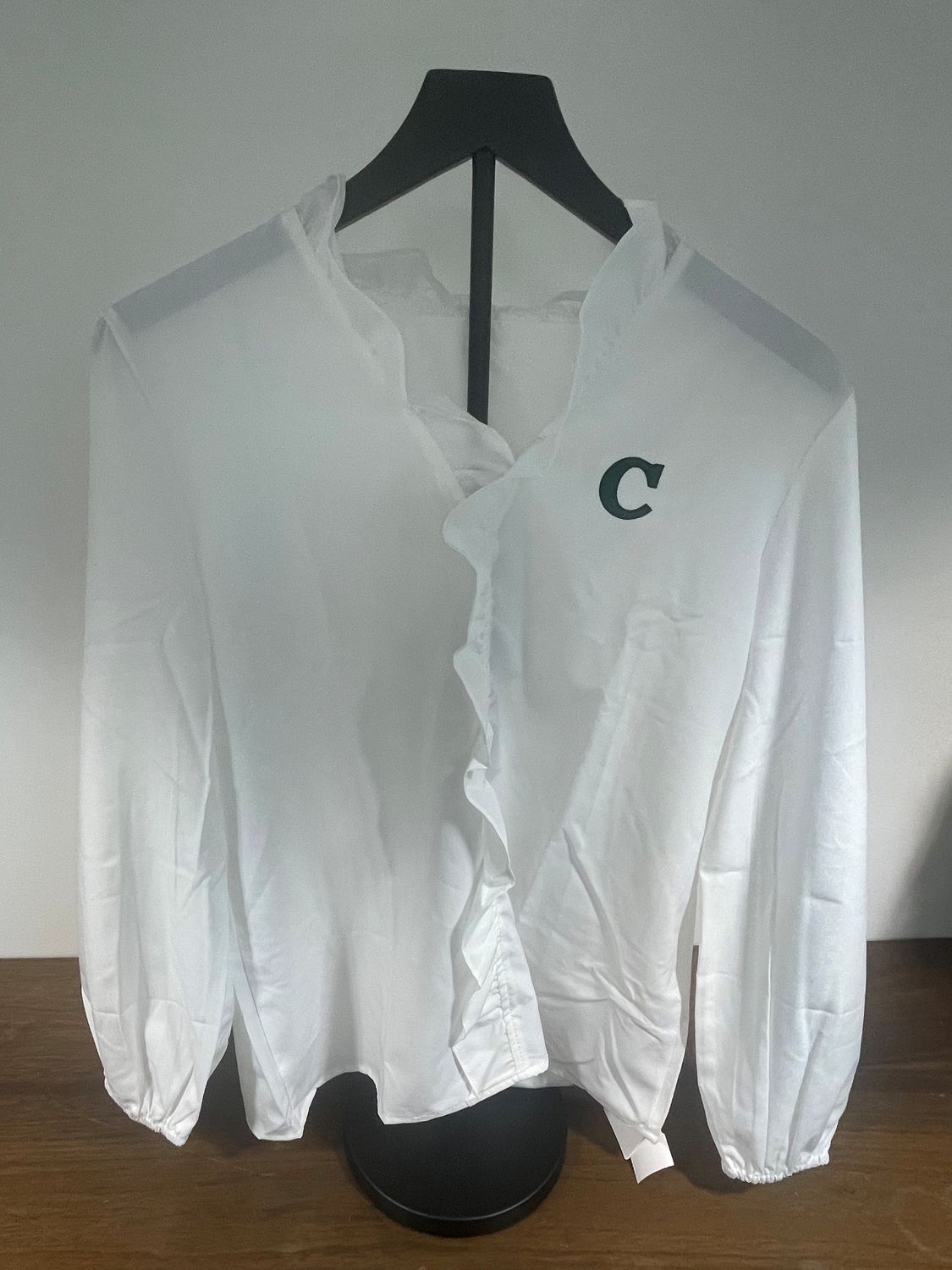 Women's White Ruffle LS Shirt