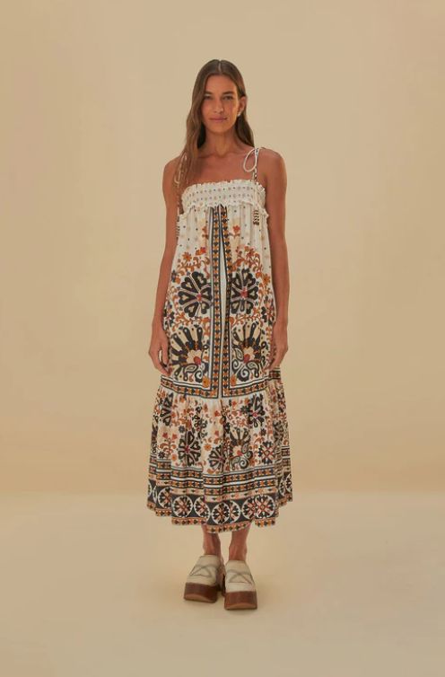 FARM RIO Flower Fan Tapestry Midi Dress, Colour: Off White, Size: XS