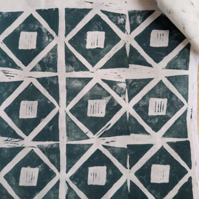 Block Print Neutral Green Pattern | Hemp Fabric by the Yard