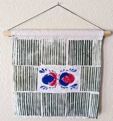 Block Print Fabric Wall Hanging with Wood Hanger | Woods