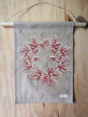 Botanical Wreath Tapestry | Ponderosa Pine & Rose Hip in Deep Red