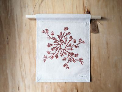 Botanical Wreath Tapestry | Sagebrush &amp; Rose Hip Deep Red on Natural Hemp