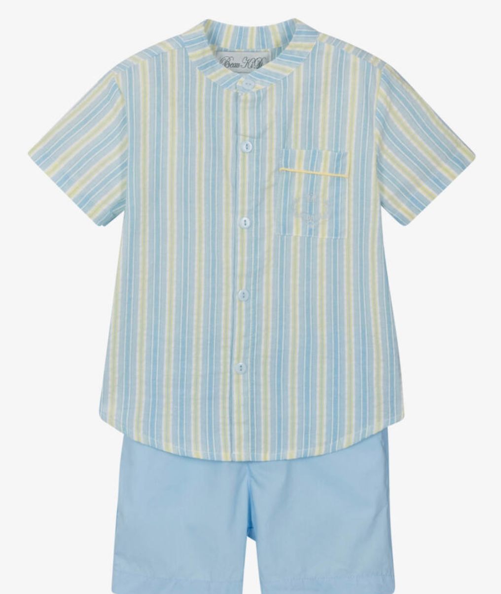 BEAU KID Boys Blue Striped Cotton Shorts Set