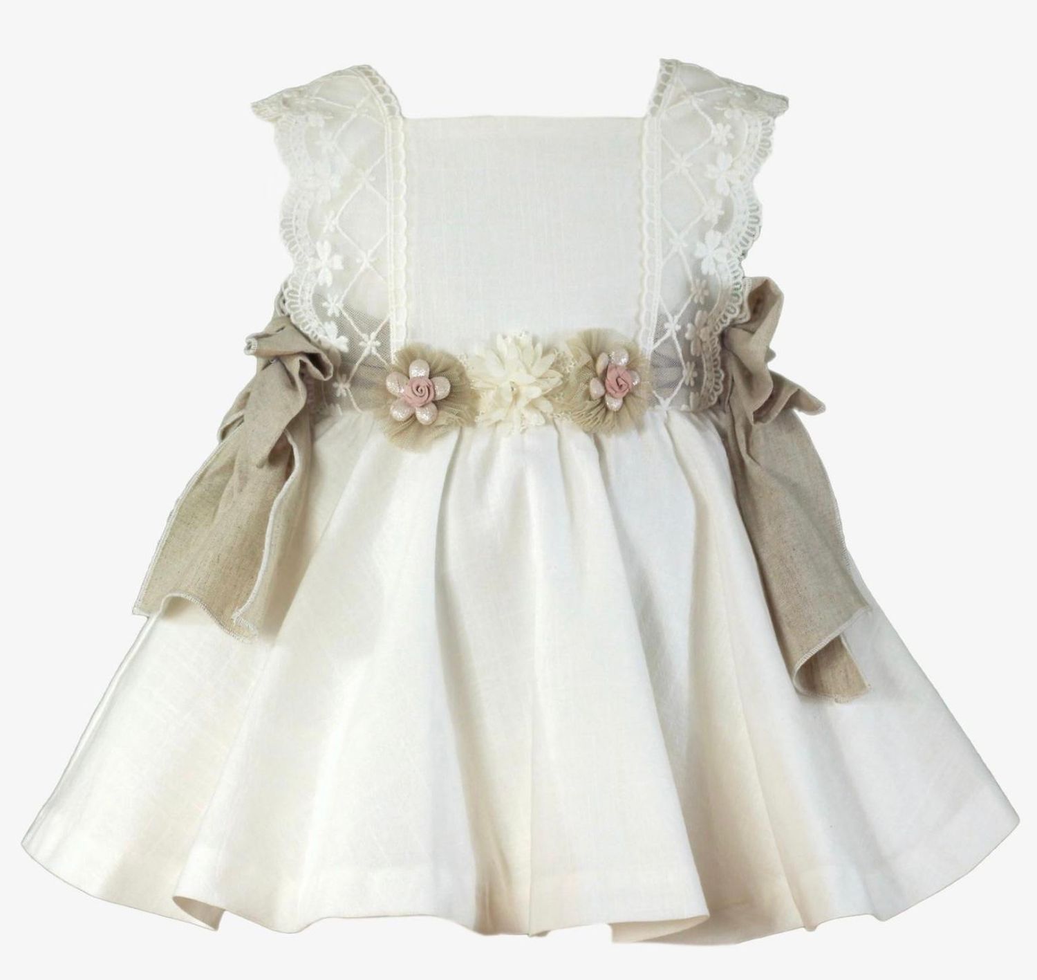 Miranda Girls Ivory & Beige Cotton Dress