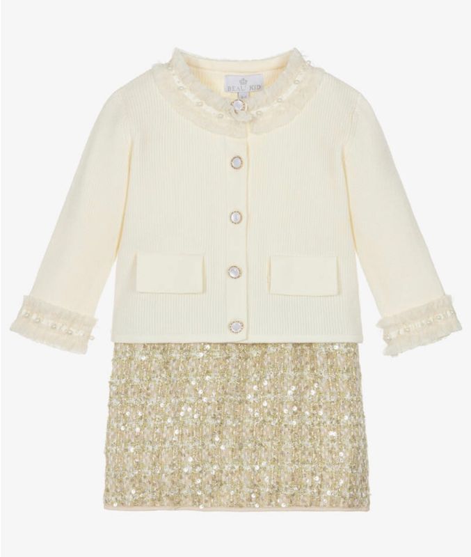 BEAU KID Girls Ivory & Gold Sequinned Tweed Skirt Set