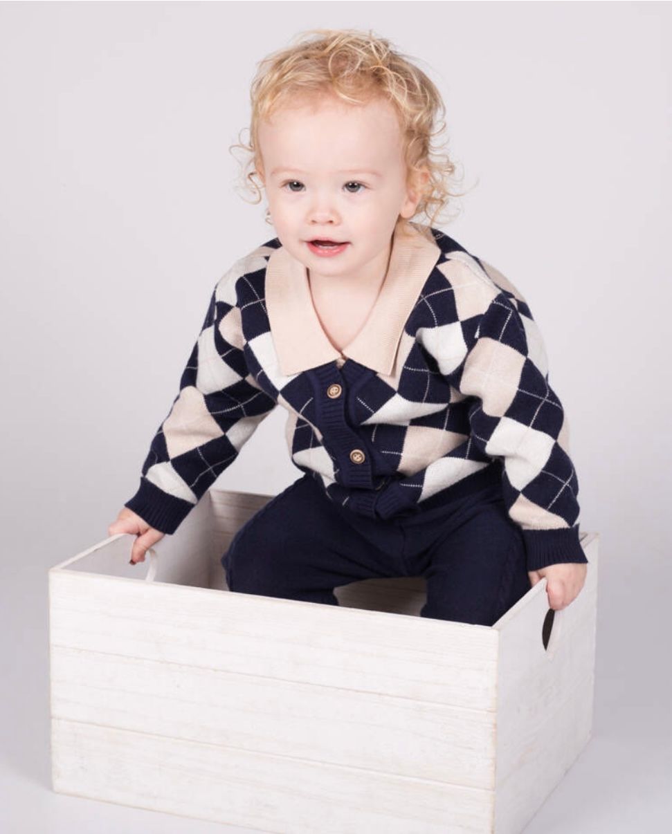 BEAU KID Baby Boys Navy Blue & Beige Knitted Trouser Set BEAU KID Baby Boys Navy Blue & Beige Knitted Trouser Set