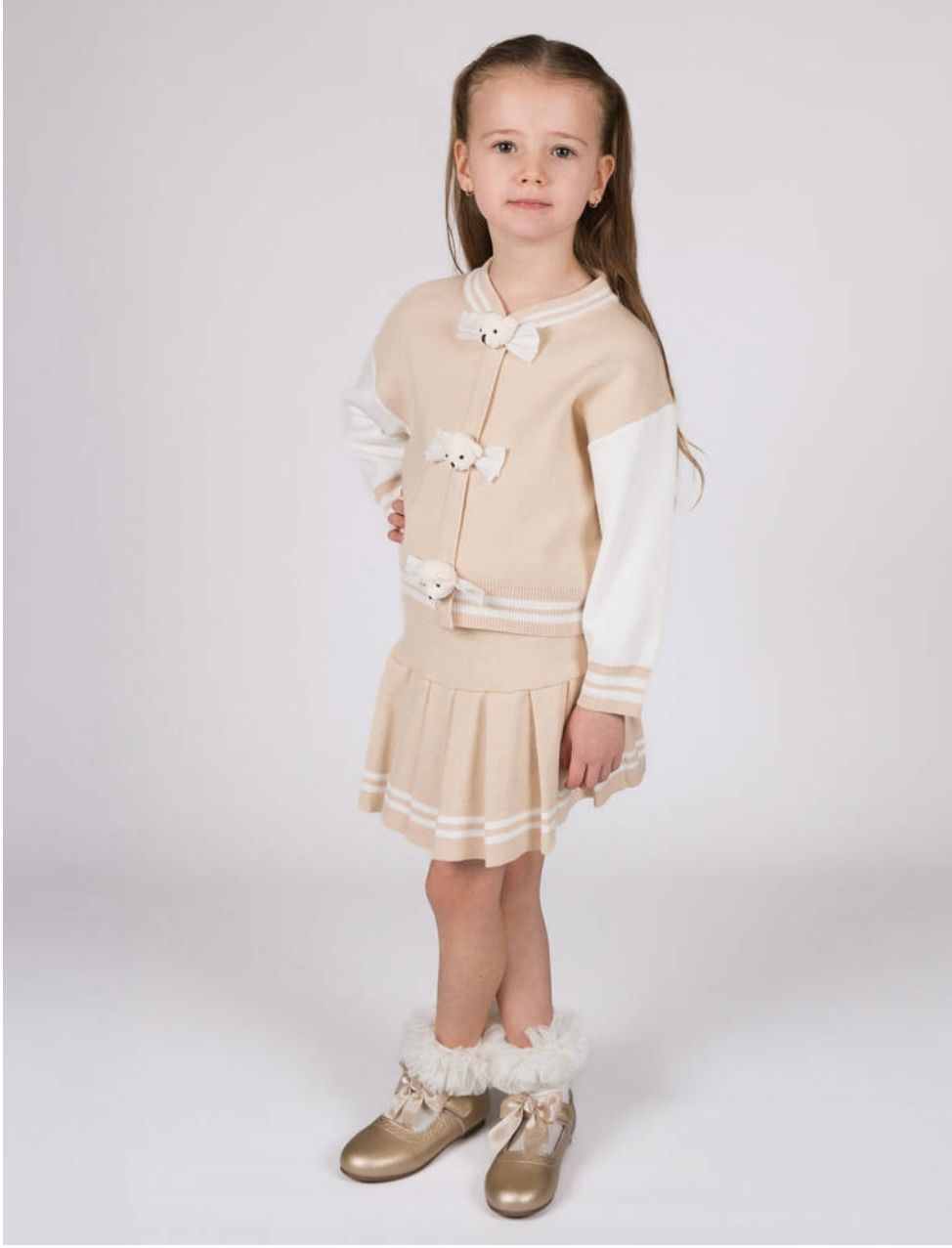 BEAU KID Girls Beige Knitted Skirt Set with Teddy Bear Trims