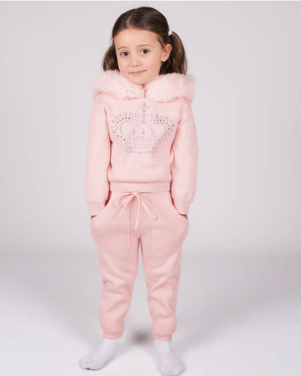 BEAU KID Girls Pink Knitted Diamanté Crown Tracksuit