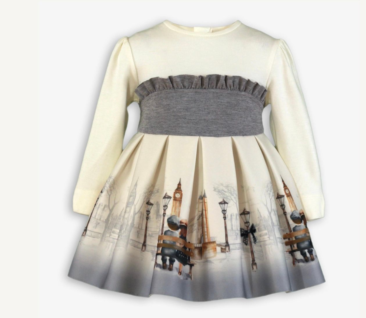 MIRANDA AW25 - BABY GIRL'S CREAM & GREY LONDON SCENE PRINT DRESS