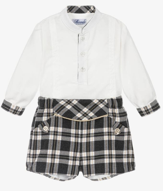 MIRANDA Boys White & Grey Tartan Shorts Set