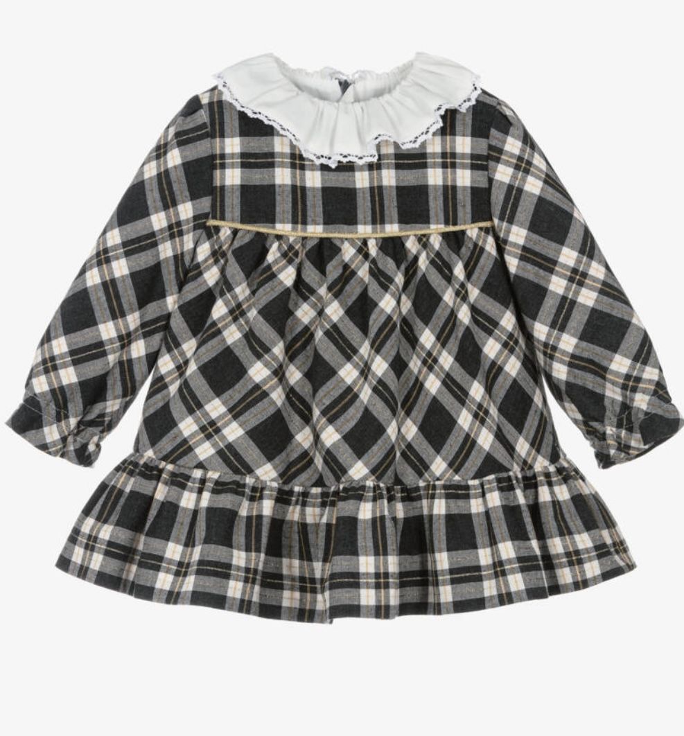 MIRANDA Baby Girls Grey & Gold Tartan Dress