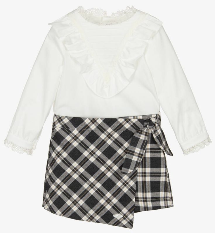 MIRANDA Girls Ivory & Grey Tartan Cotton Skort Set