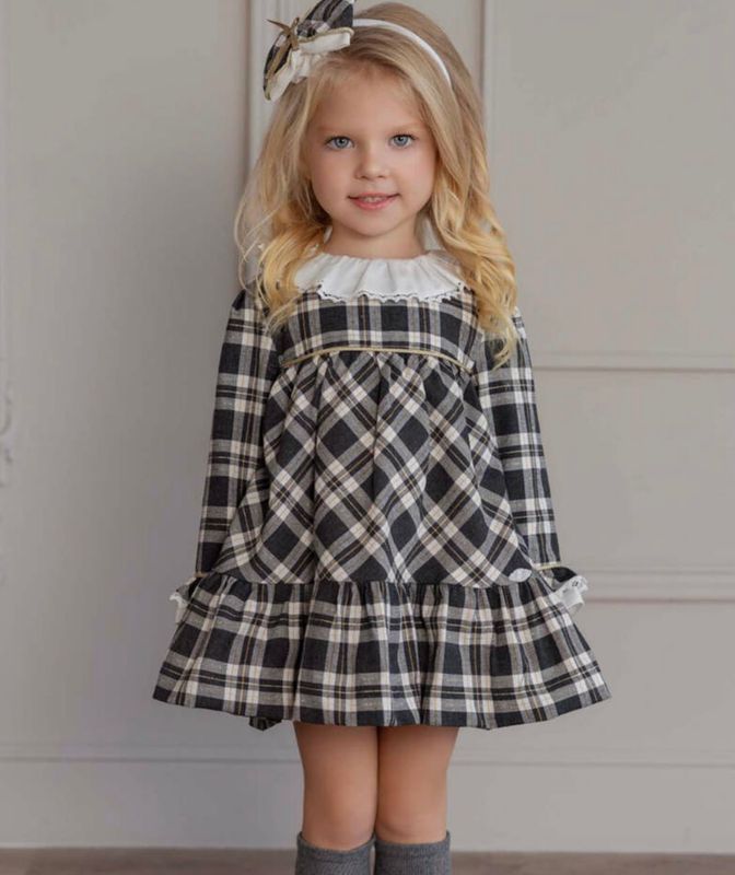 MIRANDA Girls Grey & White Checked Dress with Ruffle Collar