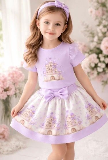 GIORGIO BAMBINI LILAC CASTLE SKIRT SET WITH HAIRBOW