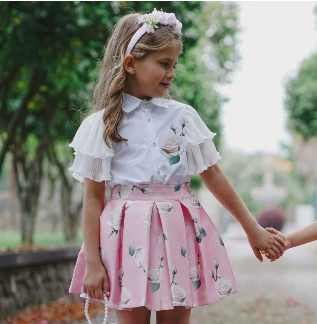 PICCOLA SPERANZA Girls Pink Satin Twill Skirt and blouse set