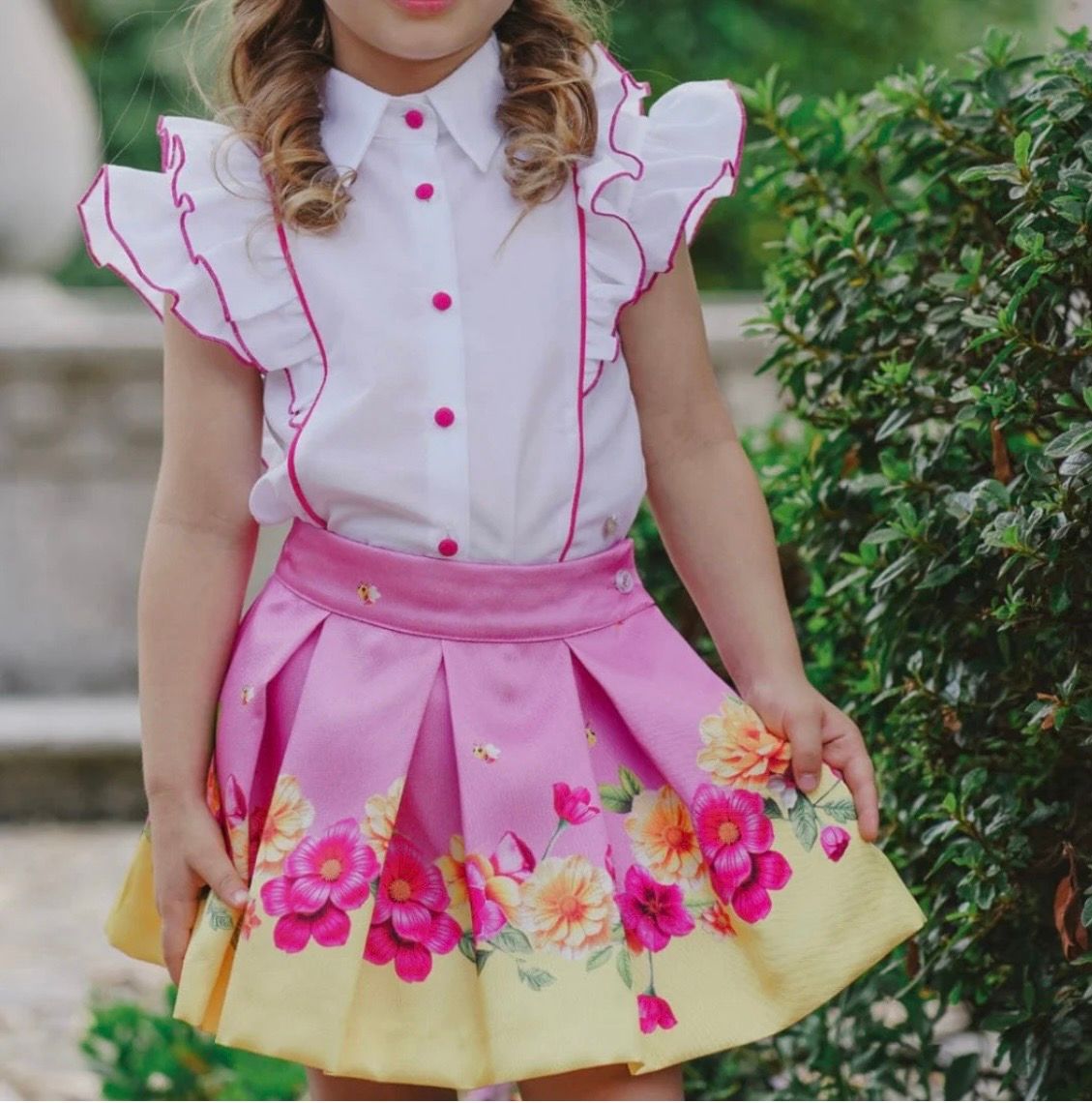 PICCOLA SPERANZA Girls Pink & Yellow Floral Satin Twill Skirt Set