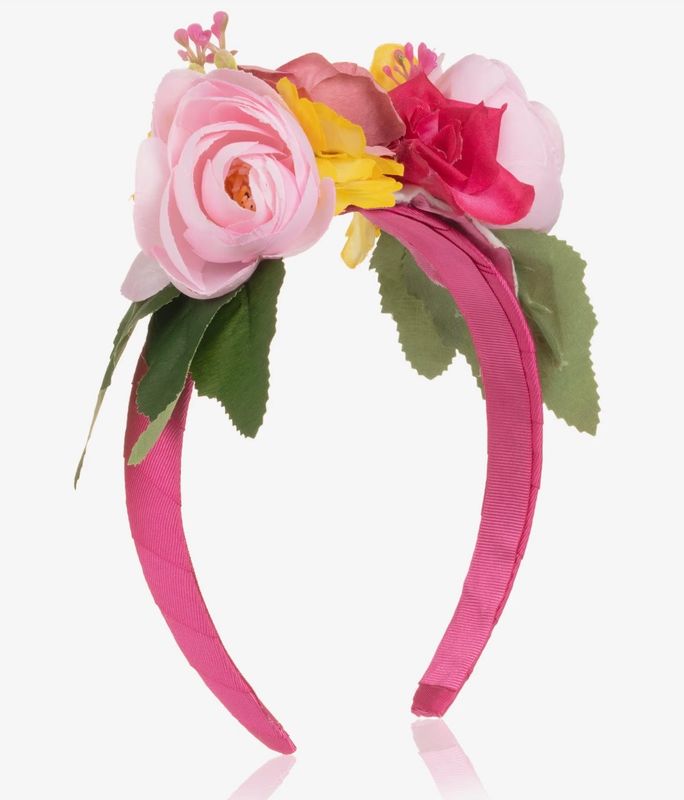 PICCOLA SPERANZA Girls Fuchsia Pink Hairband with Pink & Yellow Flowers