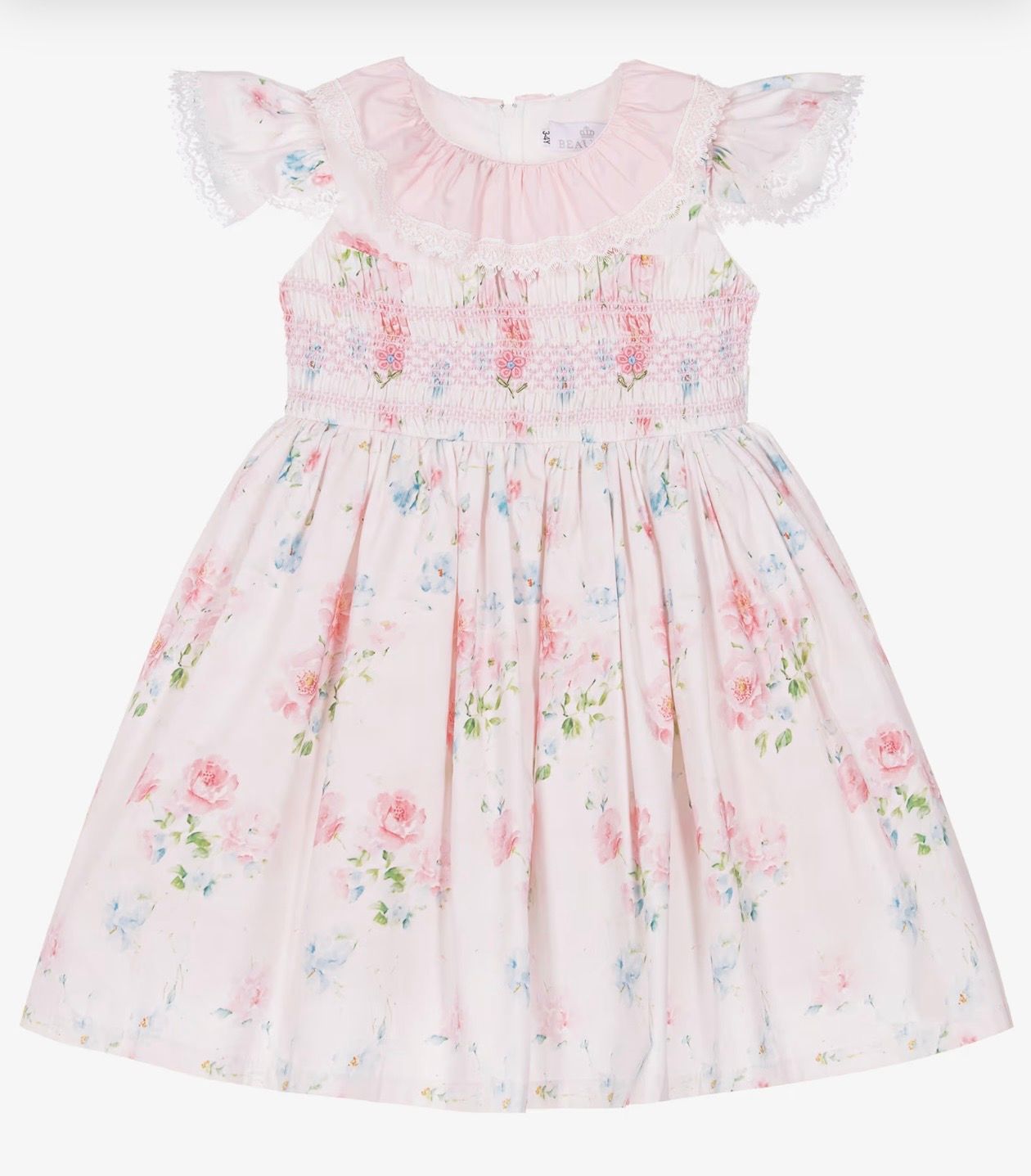 BEAU KID Girls Pink Floral Print Smocked Cotton Dress