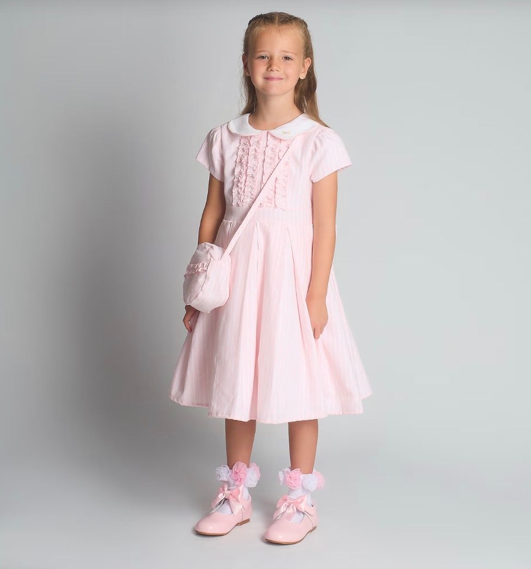 BEAU KID Girls Pink Stripe Cotton Dress & Shoulder Bag Set