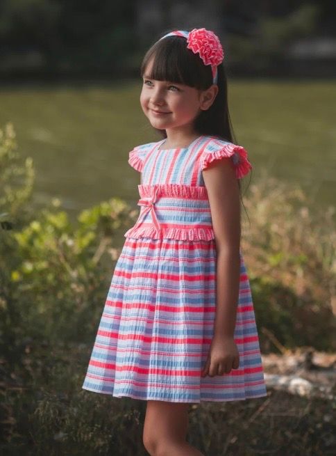 Rochy Girls Neon Pink & Blue Stripe Seersucker Dress with Frills