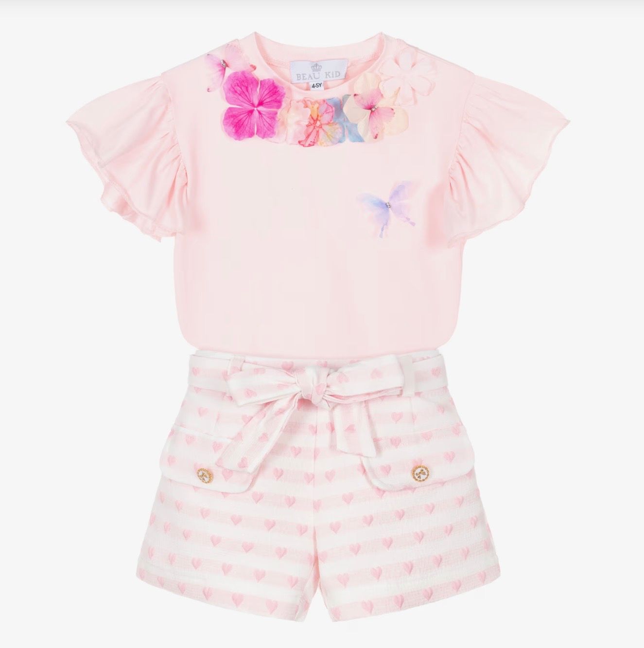 BEAU KID Girls Pink Flowers & Hearts Shorts Set
