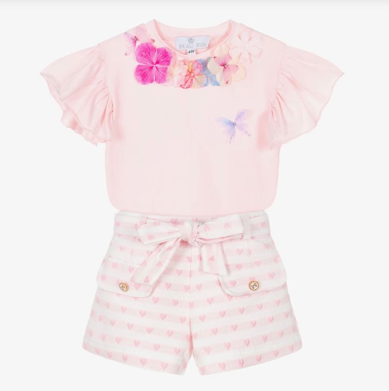 BEAU KID Girls Pink Flowers & Hearts Shorts Set
