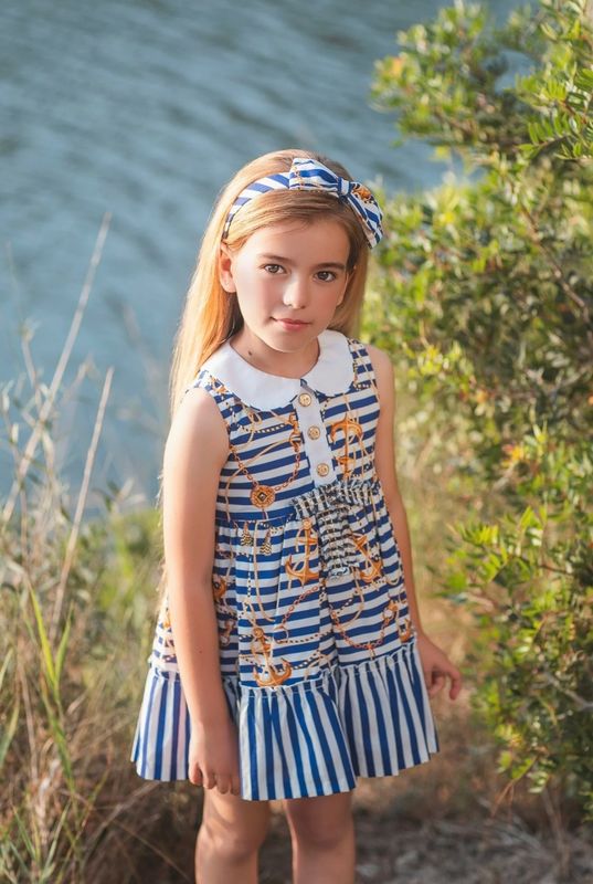 Rochy  Girls Marine White & Navy Print Dress