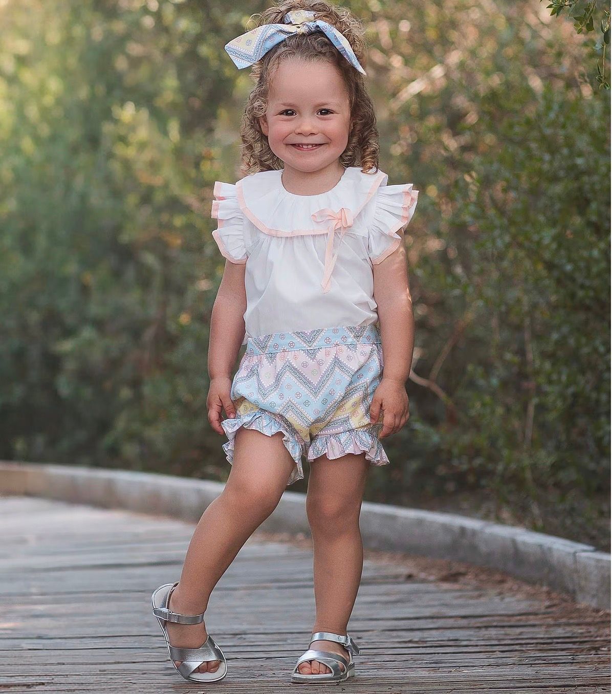 Rochy Girls Pink & Blue Zigzag Cotton Shorts Set