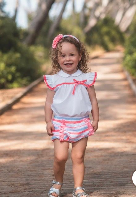 ROCHY Girls Neon Pink & Blue Stripe Frilly Seersucker Shorts Set