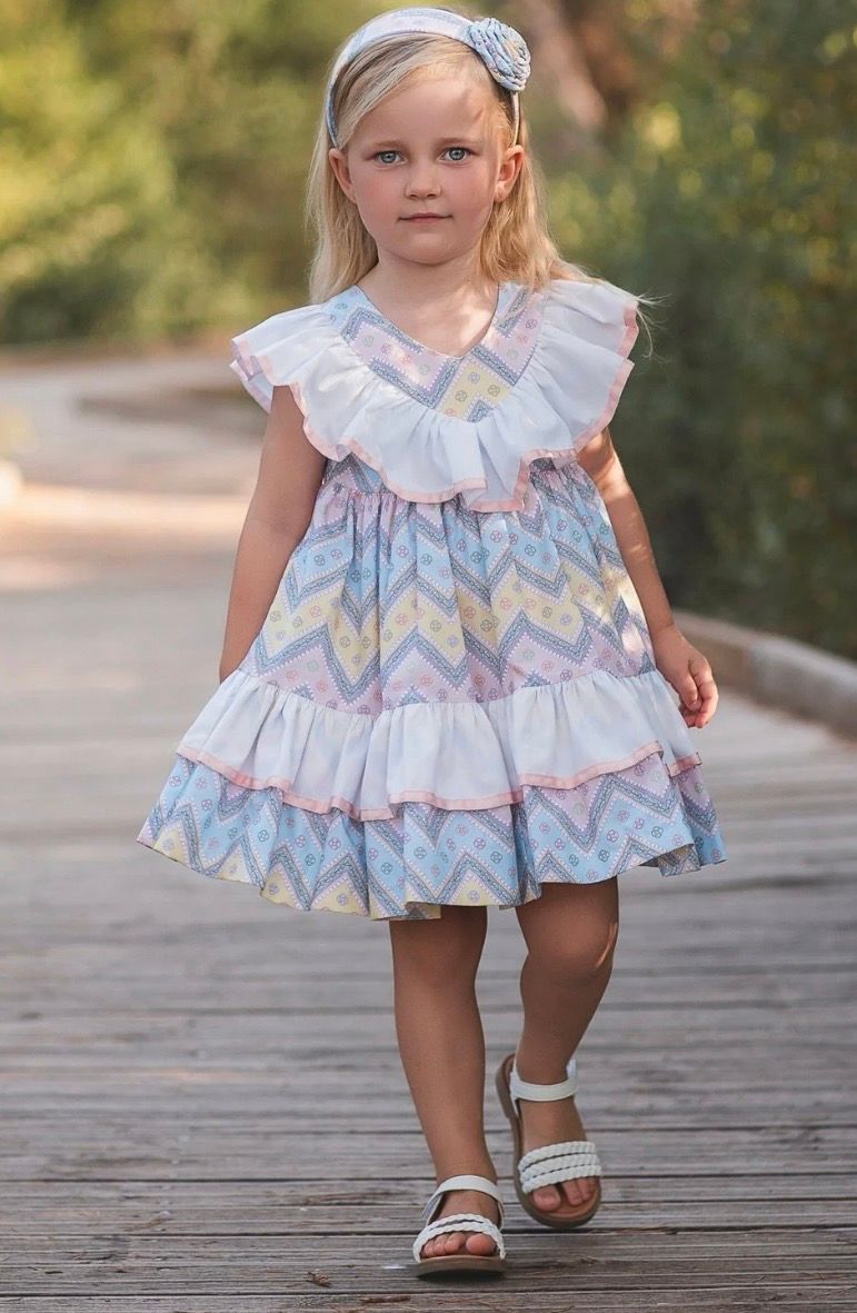 Rochy Girls Pink & Blue V-Neck Zigzag Cotton Dress