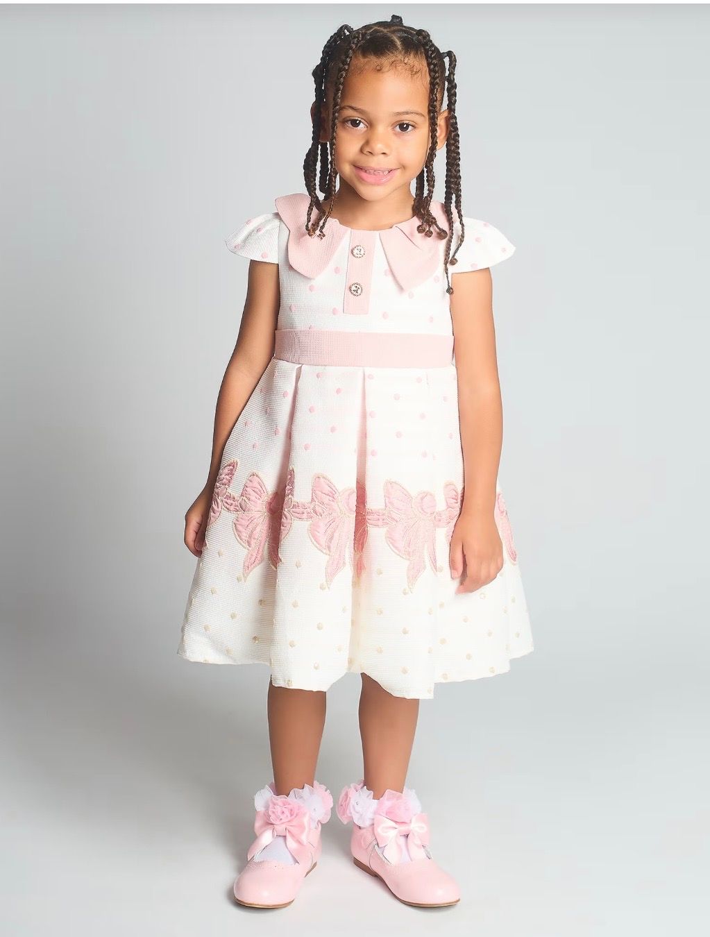 Beau Kid Girls White & Pink Bow Jacquard Dress