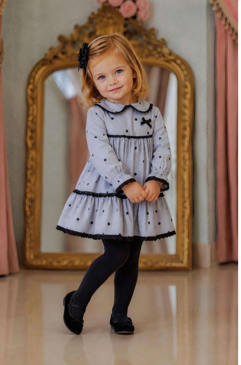 Miranda Baby Girls Grey Polka Dot Dress Miranda Baby Girls Grey Polka Dot Dress