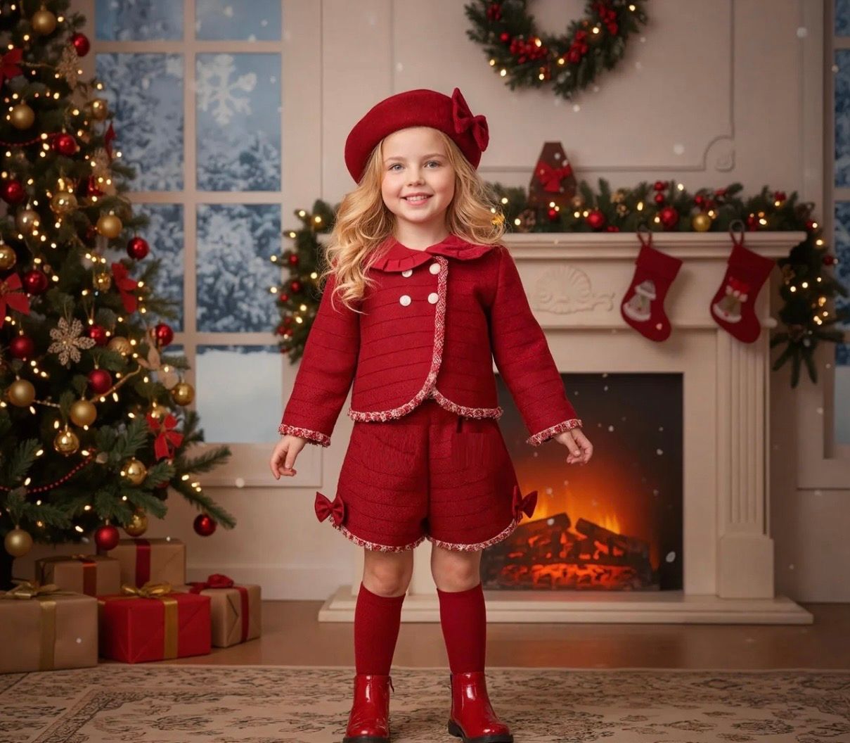 Beau Kid Girls Sparkly Red Tweed Shorts Set with Hat Beau Kid Girls Sparkly Red Tweed Shorts Set with Hat