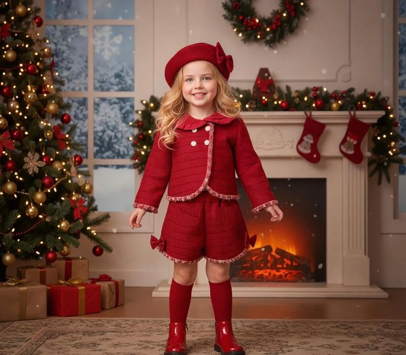 Beau Kid Girls Sparkly Red Tweed Shorts Set with Hat