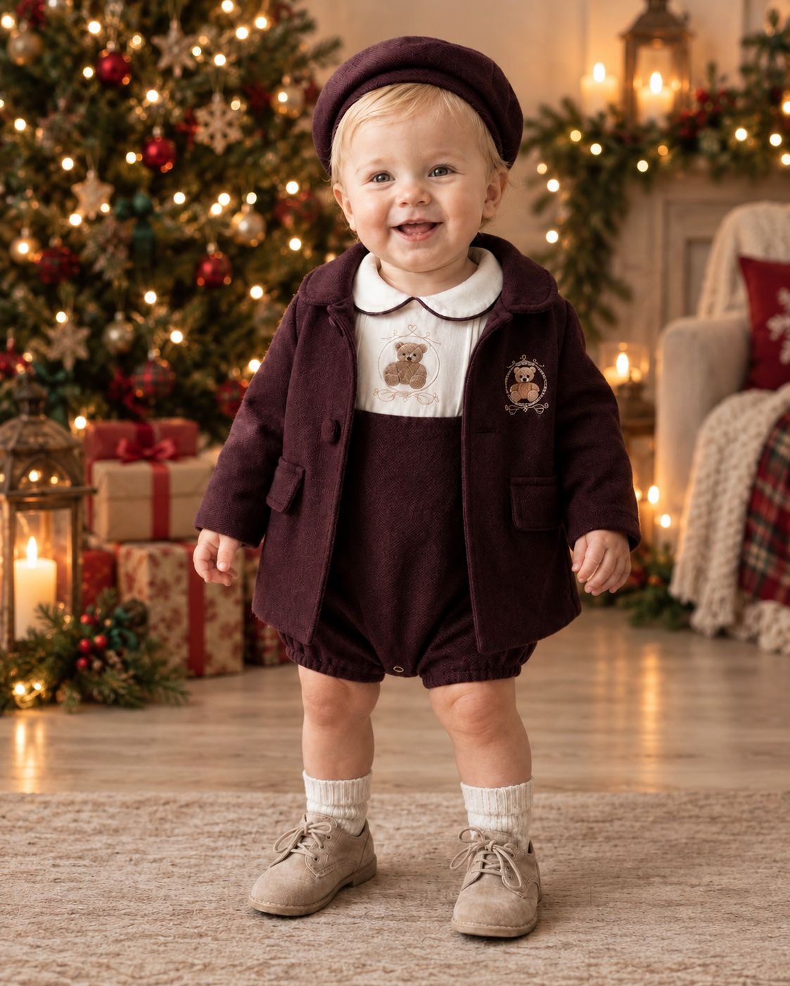 Beau Kid Boys Wine Teddy Romper, Jacket & Hat Set Beau Kid Boys Wine Teddy Romper, Jacket & Hat Set