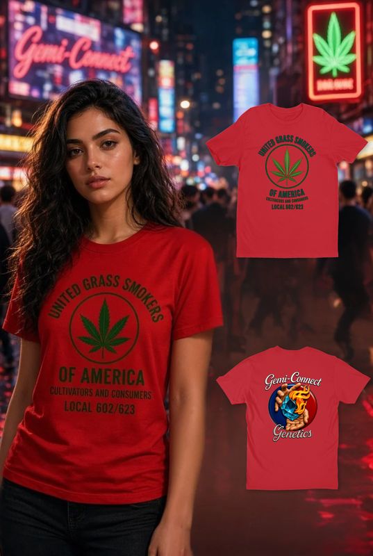Gemi-Connect Genetics "UNITED GRASS SMOKERS OF AMERICA"  RED T-SHIRT