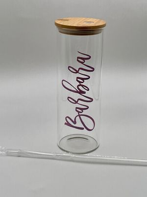 Custom Name Glass Cup Tumbler With Bamboo lid &amp; Plastic Straw 25oz
