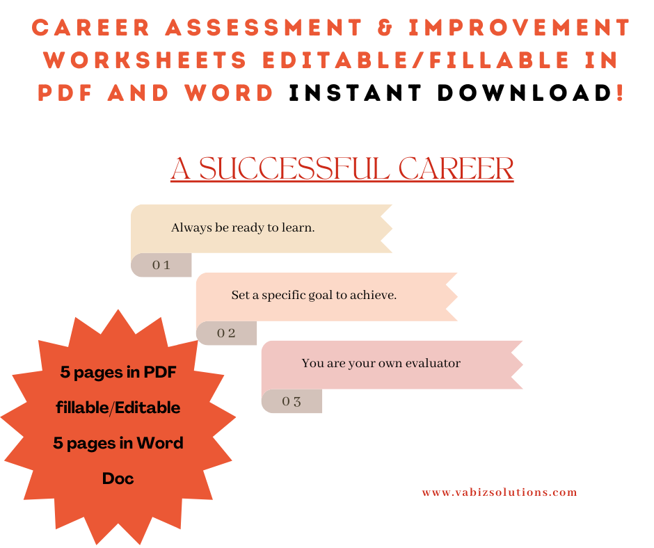 Career Assessment and Improvement Worksheets in PDF, editable, Fillable and in Word Doc