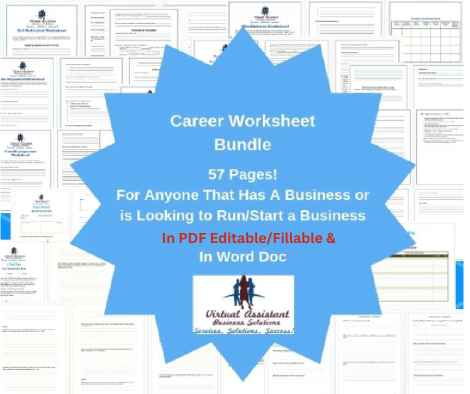 Virtual Assistant, career worksheet 57 page bundle worksheets templates career projects business project planning tracking  trending now